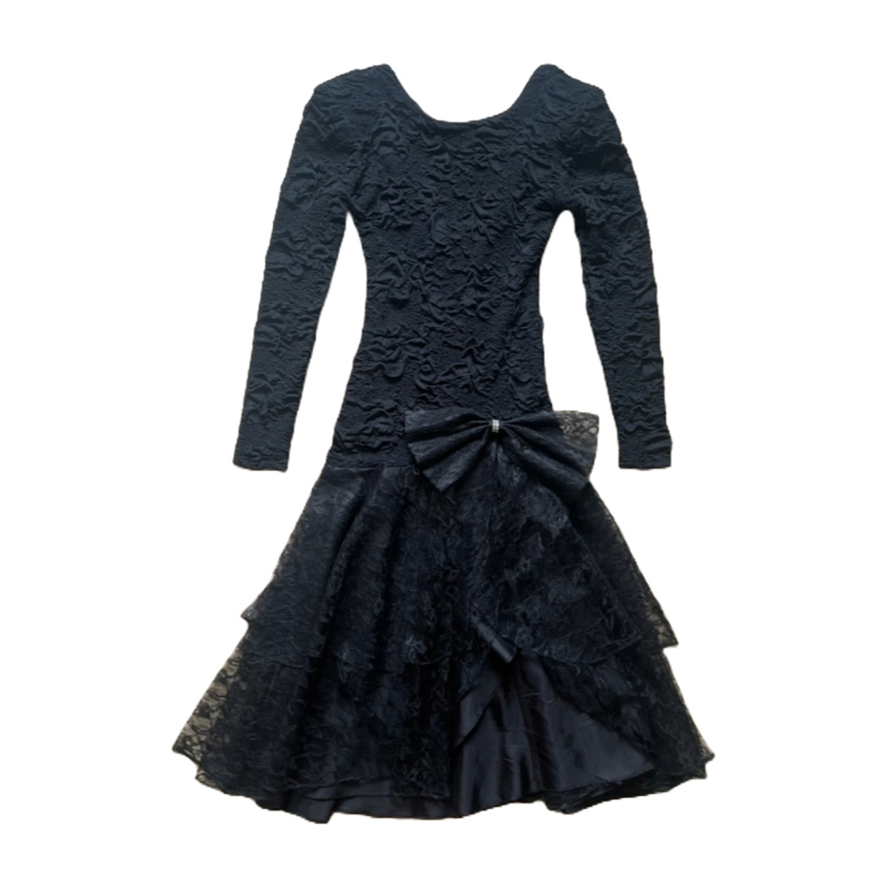 Vtg 80s Frederick's of Hollywood Dress Black Lace Ribbon Drop Waist Witchy Goth